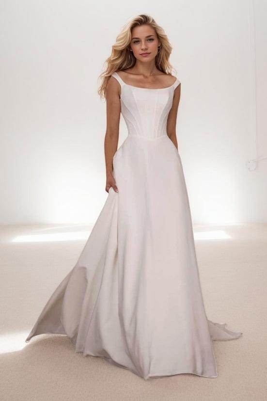 A-Line Sweep-Brush Train Elastic Cloth Wedding Dress CW3441 - COCOMELODY